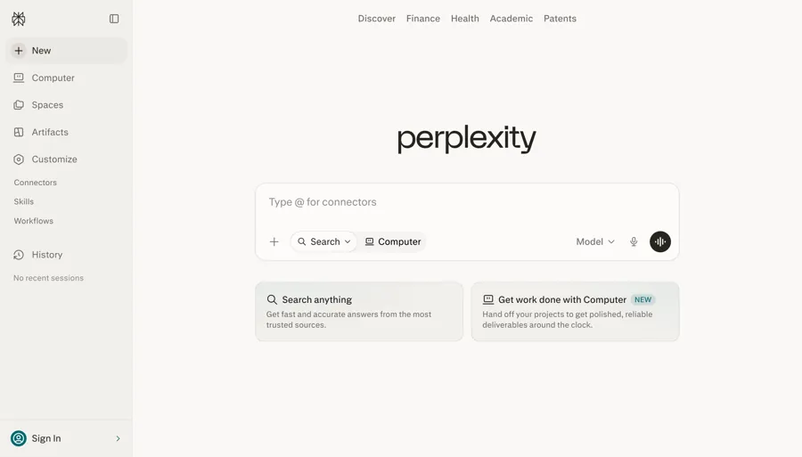Perplexity homepage